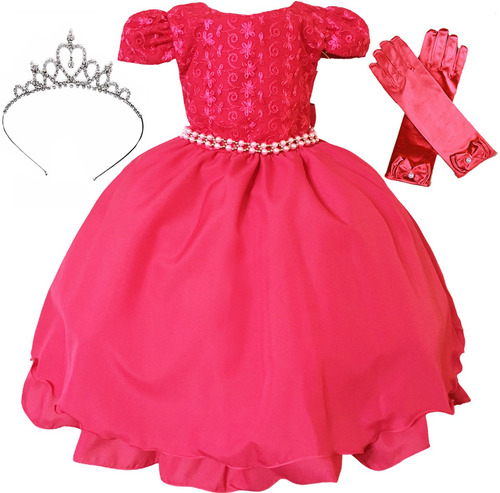 Vestido Infantil Rosa Curto Com Luva E Tiara Coroa Princesa Auroa Barbie - Daminha Formatura Batizado Aniversário