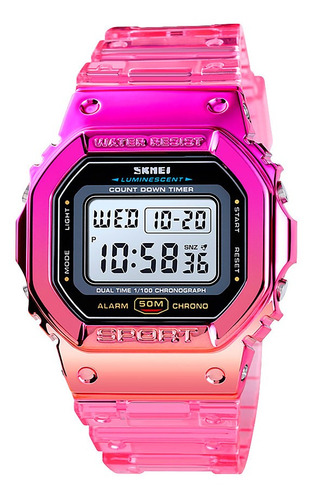 Reloj Mujer Skmei 1622 Sumergible Digital Alarma Cronometro Color De La Malla Fucsia/rosa Color Del Fondo Blanco