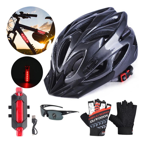 Casco De Bicicleta + Luz De Bicicleta Recargable Usb + Gafas