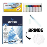 Kit Aquarela Pentel 12 Cores+pincel Aquabrush+canson A4+gode