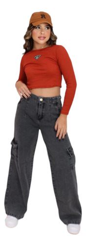 Calça Jeans Wide Leg Cargo Pantalona Juvenil Feminino Diva