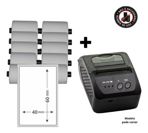 Mini Impressora Bluetooth + 10 Rolos Etiqueta Adesiva 40x60 