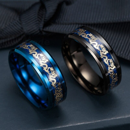 Anillo Dragones Titanio Negro Azul