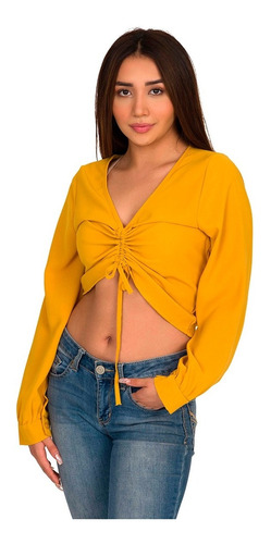 Crop Top Dama Moda Casual Manga Larga Cordón Ribete Mj4886 