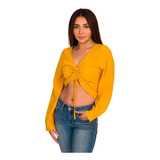 Crop Top Dama Moda Casual Manga Larga Cordón Ribete Mj4886 