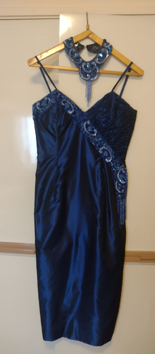 Espectacular Vestido De Fiesta Azul Bordado