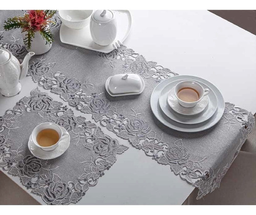 Caminho De Mesa Floral Rendado Chicago 40x150cm Jolitex Cor Cinza