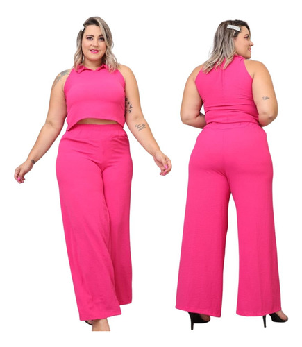 Conjunto Duna Calça Pantalona E Cropped Moda Plus Size