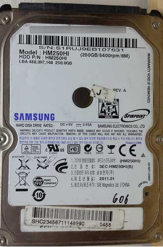 Disco Samsung Hm250hi 250gb Sata 2.5 - 606 Recuperodatos