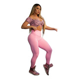 Conjunto Fitness Top Animal Print Legging Rosa Empina Bumbum