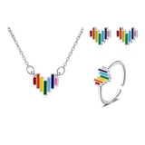 Set Multicolor Collar Aretes Y Anillo Ajustable Plata 925