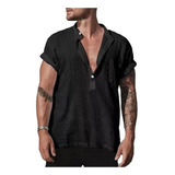 Camiseta Masculina Camiseta Com Decote Em V Algodão Linho Jo