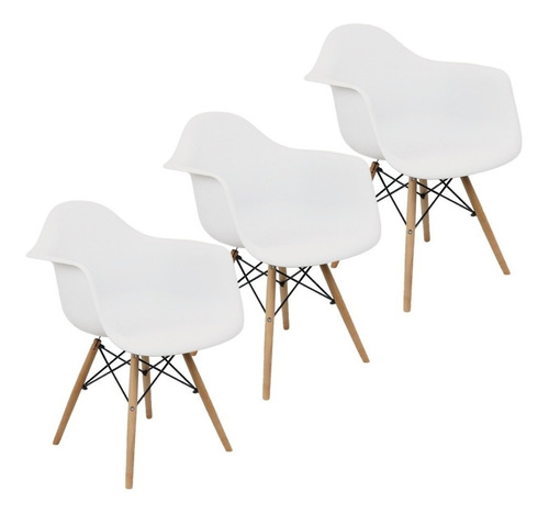 Kit 3 Cadeiras Charles Eames Eiffel Design Wood Com Braços