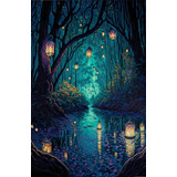 Quadro Canvas Pintura Floresta Mágica Lago Noturno Jardim