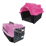 Kit Caixa Transporte Pet Gato 2 Travas N3 E Casinha Rosa