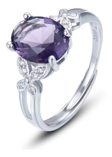 Anillo Ajustable Diamante Morado Grande Y Mariposas Plata 