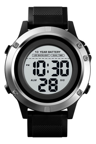 Reloj Hombre Skmei 1518 Sumergible Digital Alarma Cronometro Color De La Malla Negro Color Del Bisel Plateado Color Del Fondo Blanco