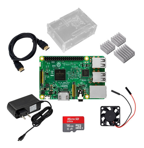 Kit Raspberry Pi 3 B (fonte + Case + Cooler + Dissip.) 16gb