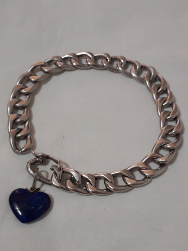 Pulseira Antiga Banhada Prata Ping Coração Lápis Lazuli 