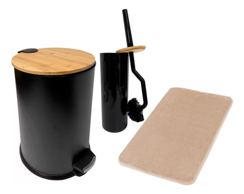 Kit Baño Cesto Tapa Bambú Negro + Alfombra + Escobilla Baño