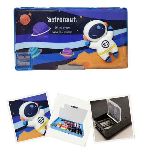 Estojo Escolar Com Botões Infantil Automático Retrô 3d Cor Astronauta Mod 02