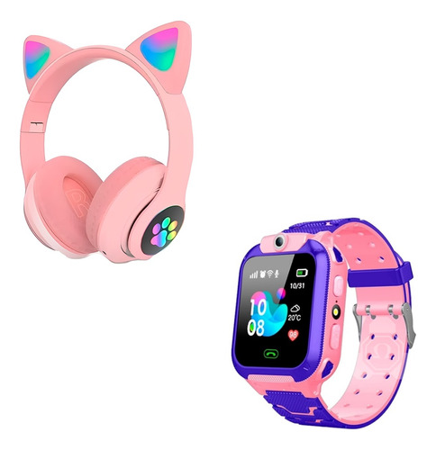 Kit Relógio Smartwatch Inteligente Criança + Fone Gatinho Nf