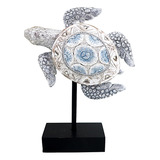 Escultura Tartaruga Branco E Azul Em Resina Decorativa Mar G