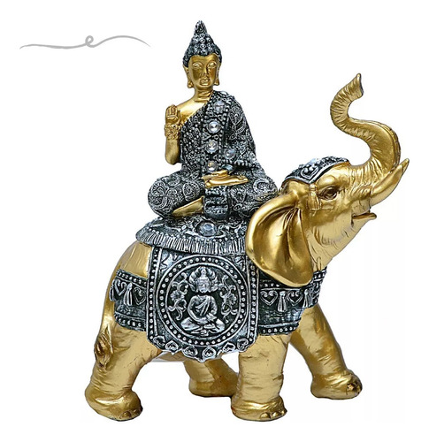 Estatua Buda Em Cima Do Elefante Dourado Cinza 18cm Envio Ja
