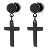 Par De Aretes De Tuerca Negros Con Cruz, Unisex, Para Hombre