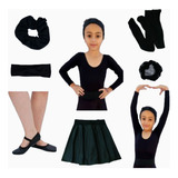 Kit Roupa Uniforme De Ballet Infantil Manga Longa Completo