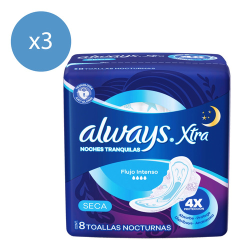 Pack Toallitas Femeninas Always Xtra Nocturna Seca 8 U