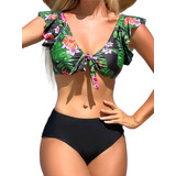 Bikini Top Estampado Escote V Manga Capa Y Maxibriefs Negros