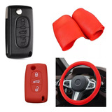 Cubre Volante + Llave Silicona 3 Botones Navaja Peugeot Rojo