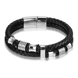 Pulsera Gruesa Doble Negra Y Plata