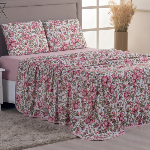 Jogo De Cama Queen Size 4 Peças Malha Gel Estampada Conforto Cor Rosê Desenho Do Tecido Lençol De Baixo + Lençol De Cima E Fronha Estampada