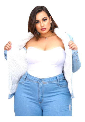 Jaqueta Blusa Feminina Jeans Plus Size Pelinho Na Gola 2022