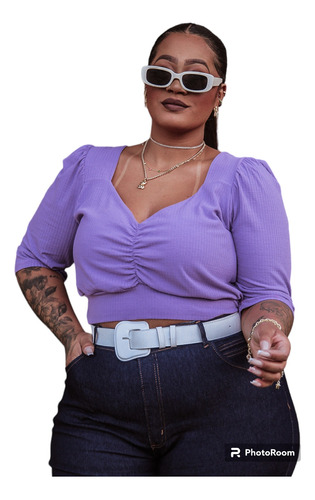 Cropped Com Decote Franzido Em Malha Canelada Plus Size