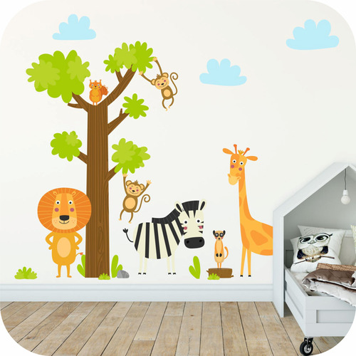 Vinilo Decorativo Infantil Nórdico Árbol Y Animales Felices 