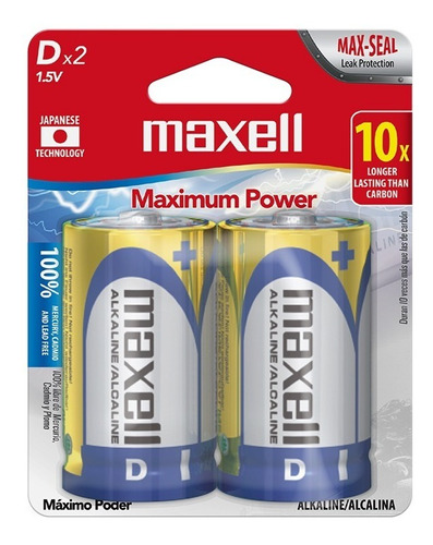 Maxell Pilas Alcalinas Tipo D / 1.5v / Paquete Con 2 Piezas 