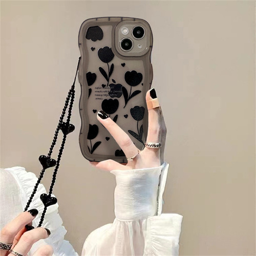 Funda Para iPhone Coreano Negro Tulipán Flor Amor Corazón Te