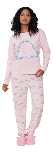 Pijama Mujer Polar Básico Rosado Arcoiris Corona