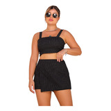 Conjunto Linho Listrado Cropped Alcinha Short Saia Feminino