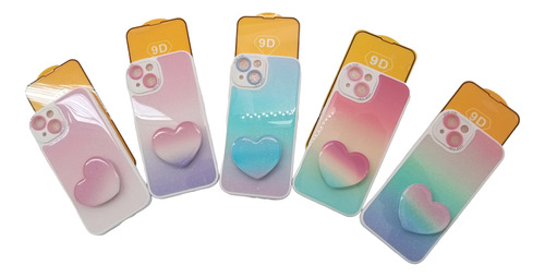 Kit Funda Case + Pop Socket Corazón + Mica 9d Para iPhone