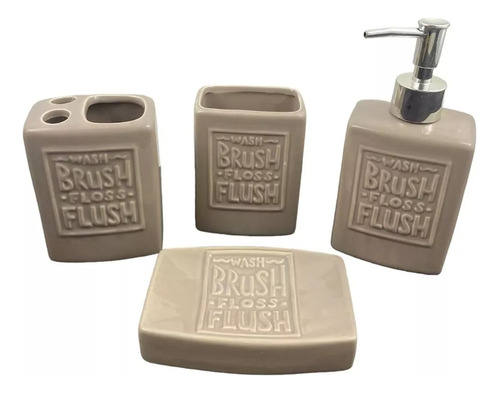 Set Baño Ceramica X4  Dispenser Portacepillos Jabonera Crema