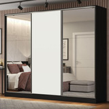 Guarda Roupa Casal 100% Mdf Madesa Royale 3 Portas Espelhos Cor Preto/branco