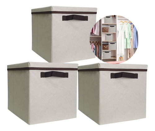 3 Caixas Cesto Grande Organizador 28x30x38 Tampa Resistente