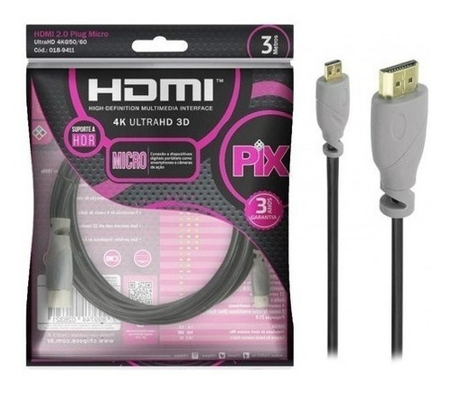 Cabo Micro Hdmi X Hdmi 3 Metros Blindado 2.0 Ethernet 3m 4k