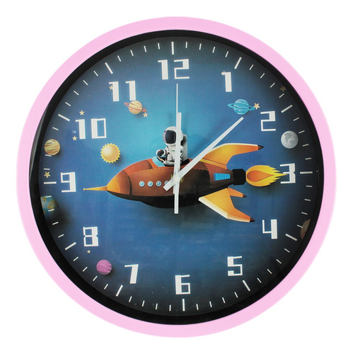 Reloj De Pared Redondo Analogico Moderno Silencioso 12120 Estructura Rosa Astronauta En Nave