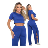 Conjunto Blusa E Calça Feminino Cropped Blusinha Manga Curta