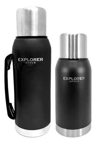 Combo Termo Acero Inoxidable Explorer 1 Lt + 750 Ml Cebador Color Negro